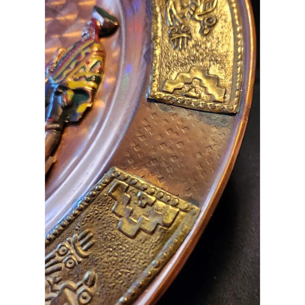 Vintage Peru Copper Metal Decorative Plate Handpainted